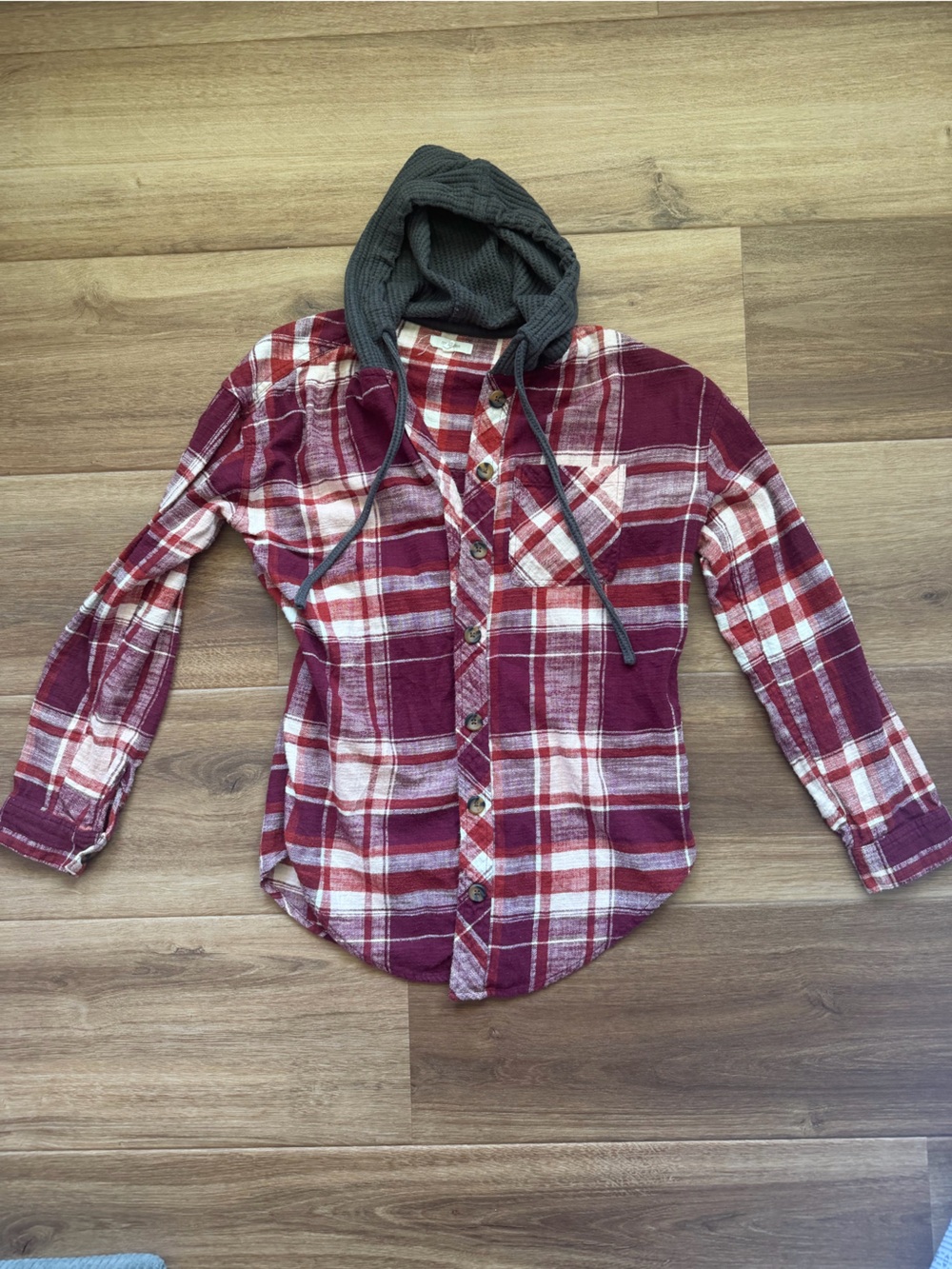 Maurice’s Plaid Hooded Shirt Red & White Size Medium